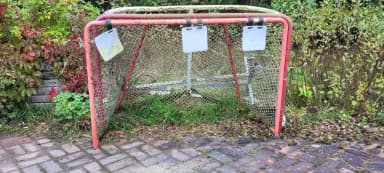 Portería de hockey sobre hielo con alfombrilla de tiro y discos
