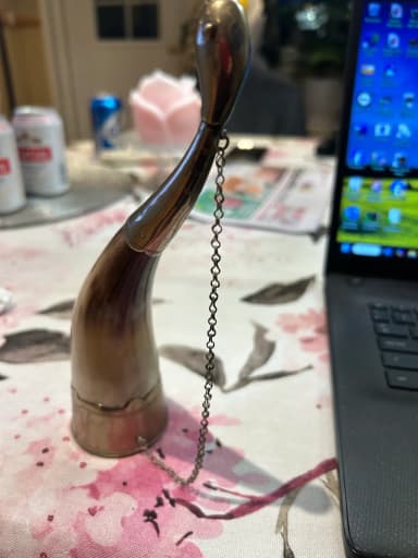 Drinking horn with metal parts and decorative chain