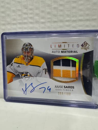 Juuse Saros game-used patch with autograph limited to 100 pieces