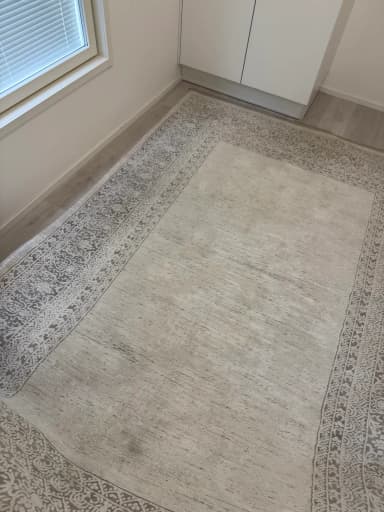 Alfombra beige 200x290 cm con borde decorativo gris