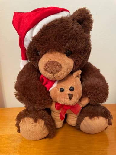 Large plush bear with red Christmas hat and smaller bow bear