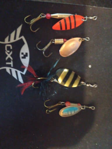 Diversos señuelos de pesca incluyendo jigs y spinnerbait
