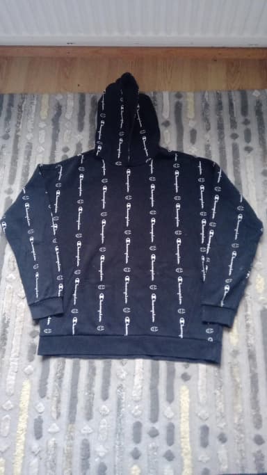 Champion XL hoodie with all-over logo print in black and white