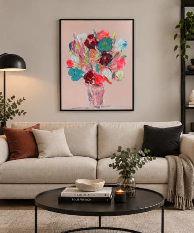 Suuri 100x70 cm akryylimaalaus neonkukista mustassa kehyksessä