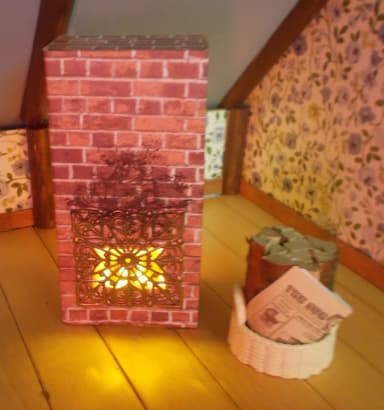 Dollhouse brick fireplace with firewood basket