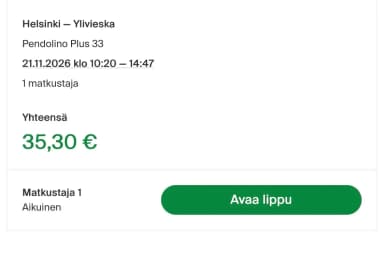 Junamatka Helsingistä Ylivieskaan 26. marraskuuta 2021