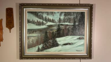 R. Hakala signed oil painting of winter lake scene with frame