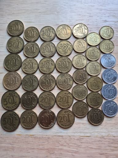 Set of Finnish coins including 10, 20, and 50 penni pieces