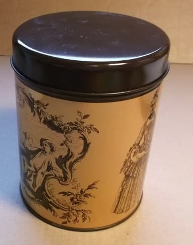 Lata metálica vintage de café Möllers en dorado y marrón de los 70