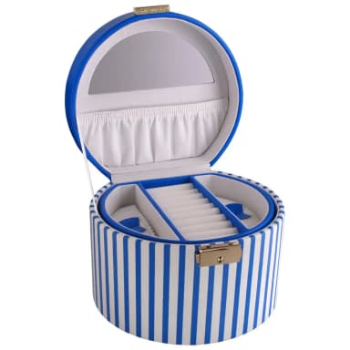 Caja de joyas azul a rayas de cuero sintético 17x16x12 cm