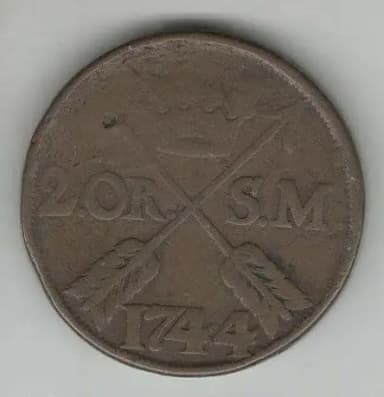Fredrik I hopearaha vuodelta 1744, arvo 2 öre