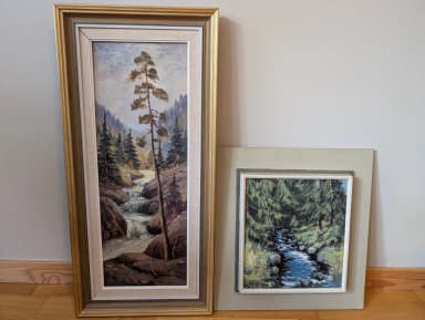 Dos pinturas al óleo firmadas de paisajes con arroyo forestal en marcos de mader