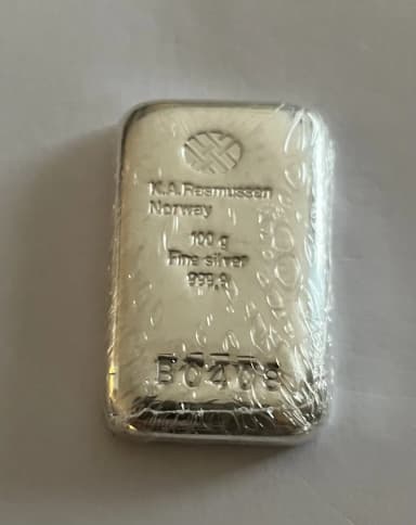Lingote de plata K.A. Rasmussen 100g con pureza 999,9