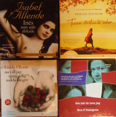 Conjunto de cuatro audiolibros de Allende, Hosseini, Dahlgren y Olsson