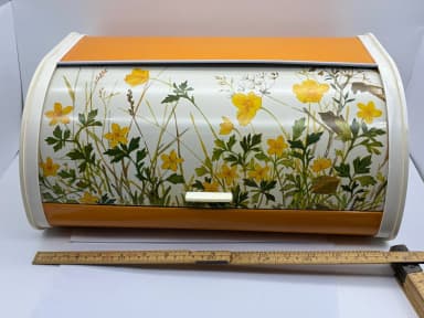 Vintage orange blumige Metall-Brotbox aus England 70er Jahre