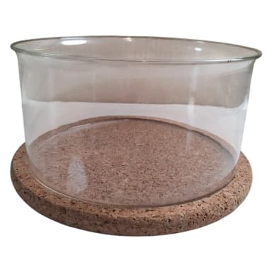 Cuenco de vidrio transparente redondo con posavasos de corcho estilo moderno