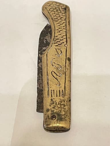 Brass pocket knife with engraved pattern by ATD, allmoge style