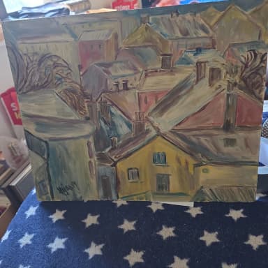 Oil painting depicting cityscape