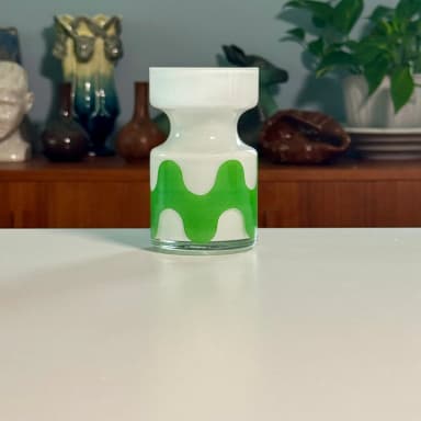 White and green glass vase signed PO Ström from Alsterfors