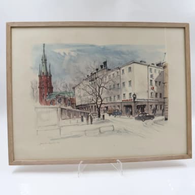 Watercolor painting by Jan Lundquist featuring Klara Church in Stockholm