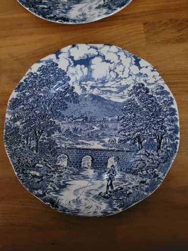 Two blue and white Bridge Scenes plates by Crown Ducal England