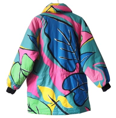 Marimekko vintage puffer winter parka with colorful jungle leaf print