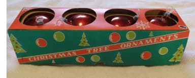 Vier große rote Glas-Weihnachtskugeln aus den 1960er Jahren im Originalkarton
