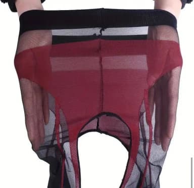 Schwarze und rote Strumpfhose mit Strumpfhalter-Muster