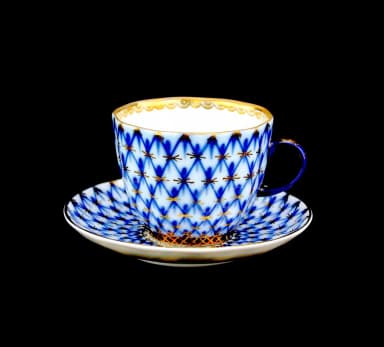 Lomonosov UdSSR Kaffeetasse mit Untertasse und Kobaltnetz