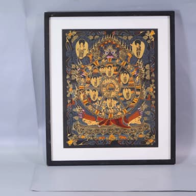Tiibetiläinen Thangka Gouache -maalaus Bhavachakrasta, elämän pyörä