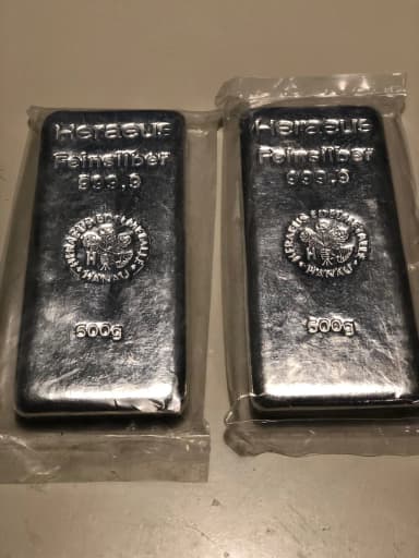 dos barras de plata fina Heraeus 999,9 - 500g cada una